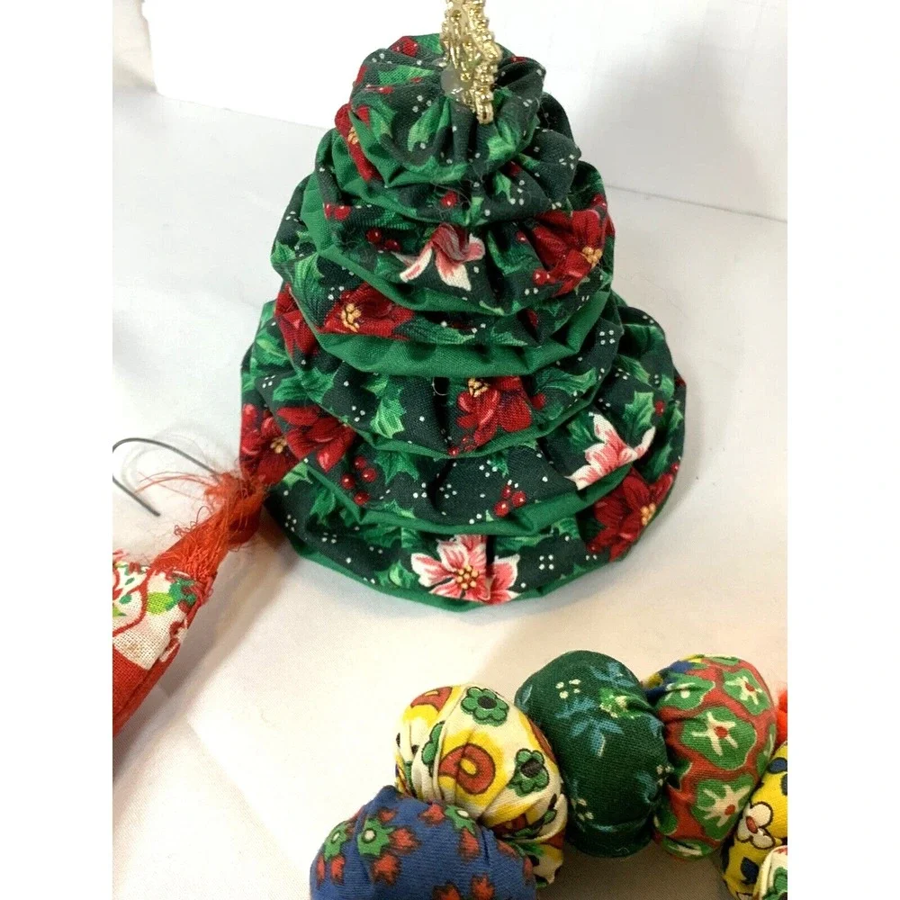 Quilted Fabric Christmas Ornaments Hand Made Stocking Tree Wreath Set of 3 VINTG